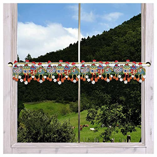 Feenhaus-Scheibengardine Lustige Hühnerbande aus Vogtländischer Spitze | Bunte Landhaus-Spitzengardine für Küche und Esszimmer | Spitzenkante mit fröhlich-buntem Tiermotiv Höhe x Breite14 x 74 cm