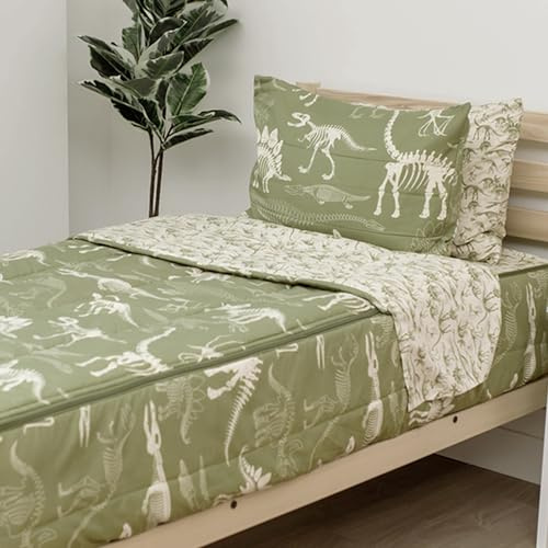 Beddy's Dinosaurier-Bettwäsche, strapazierfähig, Reißverschluss, Bett in einer Tasche, Bettlaken in Grün und Bettdecke mit Dino-Fossilien, mit 2 Kissenbezügen, einfach zu beziehen und zu waschen