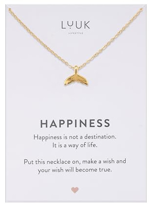 LUUK LIFESTYLE Collana con ciondolo pinna di balena e acciaio inossidabile (50cm), con carta HAPPINESS, gioielli semplice, portafortuna, idea regali donna, lei, compleanno, mare, oro