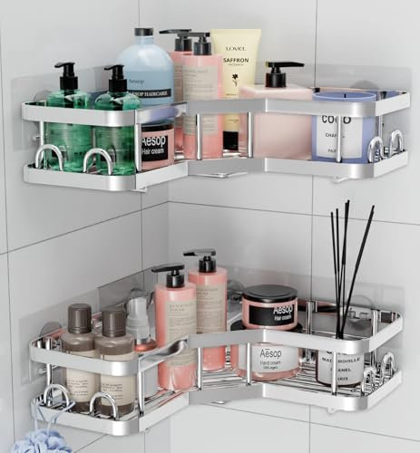 HURUC Corner Shower Caddy – 2 Pack Rustproof, Bathroom Corner Shelves, No-Drill Adhesive, Suction for Accessories and Storage,Extra Self Adhesive, Silver