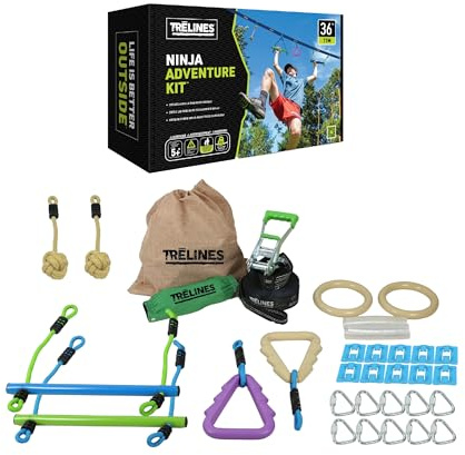 Trelines Ninja Adventure Line 11 m – Slackline-Hindernisparcours für Kinder ab 5 Jahren mit Kletterseilen, Griffknoten und Turnringen, inkl. Aufbewahrungsbeutel, Grün