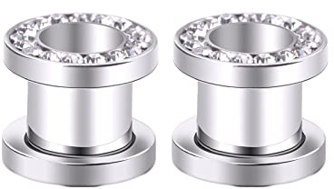 Calefee Flesh tunnel 1,6–10 mm, piercingplugg rostfritt stål 2 stycken, expander öronpiercing silverfärgad tunnel med zirkonia, 10mm, Rostfritt stål, Kubisk zirkon
