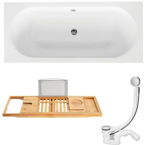 KOLMAN Badewanne Exklusiv 170x75 cm Acryl mit Bambus Ablage Siphon Wanne Rechteck Weiß Design Modern Ablaufgarnitur in Chrom kompatibel mit Viega