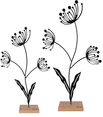 UNUS Aufsteller Blumen 2er Set, 34 cm und 44,5 cm hoch, in Schwarz | Metallaufsteller mit Bambussockel, Frühlingsdeko für Fenster, Tisch oder Regal