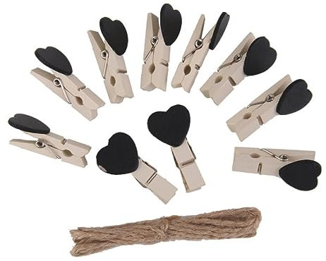 GARVALON 10stücke Holzklammern Herzform Schwarz Mit Schnur Zum Aufhängen Für Hochzeit Party Dekoration Bastelzubehör Für Memo Fotos