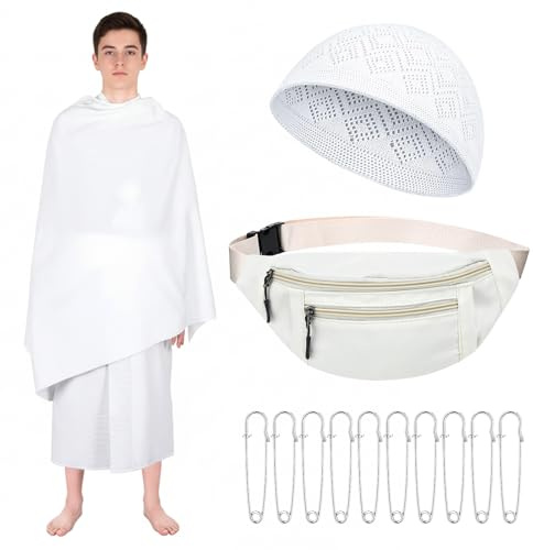 Suhine 14 Pcs Men's Ihram Set for Hajj and Umrah Essentials, Islamic Ahram Ehram Towel Waist Belt Kufi Hat and 10 Pins