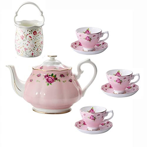 ZDEZHI Teeservice im Court-Stil für Erwachsene, Kaffeetassen und Untertassen, Kaffeetassen-Set aus Knochenporzellan, Old Country Roses, Teekanne mit Löffelhalter für den Nachmittagstee, B