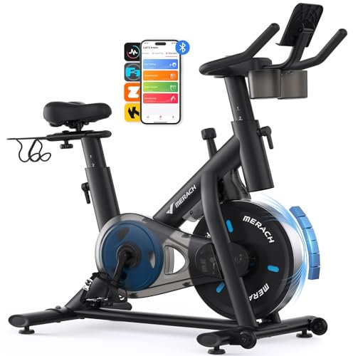 MERACH Heimtrainer Fahrrad mit Magnetischem Widerstand, Leises Bremsbelag/Hometrainer Fahrrad mit Verbessertem LCD-Monitor, Indoor Cycling Bike mit Hantelrack, Tablet-Halter, Eigener App, Bis 136KG