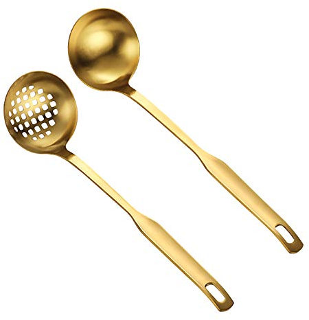 ZGFHLI Mestolo da Zuppa con Scolapasta, Posate Glassa Pentole Che Servono Manico Lungo Cucchiaio Forato in Acciaio Set di Utensili Cucina per Hotpot Stoviglie Inossidabile,d'oro