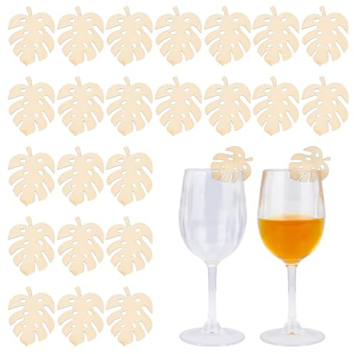 HOBBIESAY 30 étiquette de Nom de Boisson en Forme Feuille Marqueurs Boisson Étiquette Nom Boisson en Forme Feuille Étiquettes Vin Vierges Breloque Verre à Vin en MDF pour Décoration Vin Mariage Douche