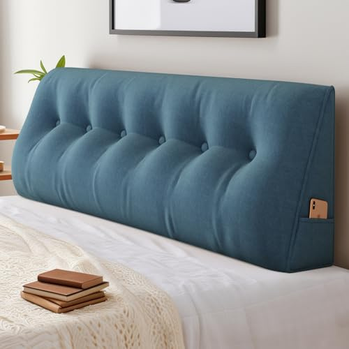ShowyLive Rückenkissen Lesekissen Bett Keilkissen Großes für Bett und Sofa 2 in 1, Rückenlehne und Kopfkissen mit Seitenfach, Bezug Abnehmbarem und Waschbarem (100 * 50 * 20cm, Blau)