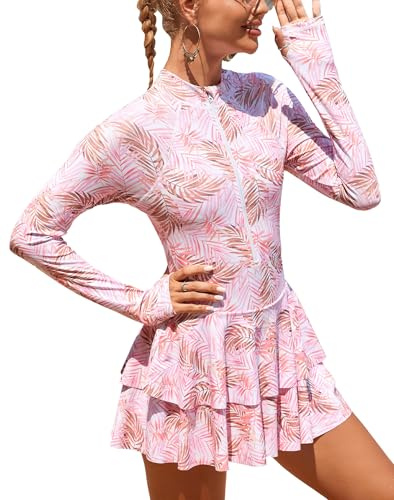 Ausing Dam badklänning långärmad baddräkt i ett stycke badkjol snabbtorkande rash guard simning klänning solskydd för vattensport S–XXL, ROSA, S
