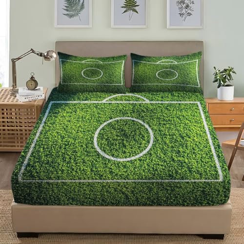 Cama de Matrimonio Juego de Sábana Ajustable 150x190 cm Tema del Campo de FúTbol Juego de Ropa de Cama Bolsillo Profundo 30 cm, Verde Transpirable Sábana Ajustable para Adultos Y Niños