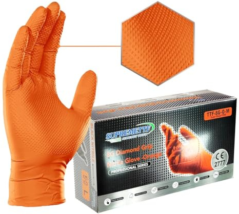 8 Mil Nitrile Disposable Diamond Grip Gloves, Heavy-Duty, Latex & Powder Free, Food Safe, Extra Thick For Mechanic Automotive Oil Work (Orange, Large [Size 9])