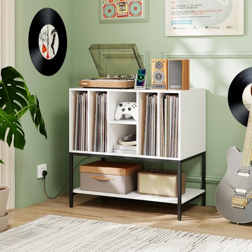 GOPLUS Meuble Vinyle avec Station de Charge, 80 x 45 x 79,5 CM, pour Jusqu’à 150 Albums, Meuble Platine Vinyle avec Support Tourne-Disque, 6 Compartiments & Cadre en Métal, pour Salon, Bureau (Blanc)