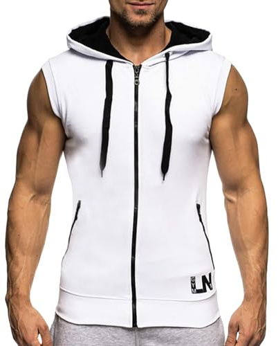 Ärmellose Herren-Weste, ärmellos, mit Reißverschluss, lockere Passform, Kapuzenpullover, Lauf-Hoodie, Bodybuilding-Weste, leichte athletische Weste, lässige Kontrastweste, modisch, weiche Westen, weiß
