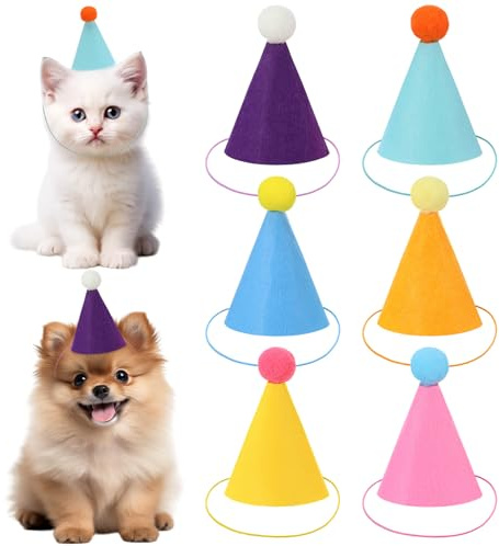 QfwdfcTrenz Mini-Partyhüte für Stofftiere, Mini-Partyhut mit verstellbaren Stirnbändern, für Geburtstagspartys, Kegelhüte, Hunde-Geburtstagshut-Set für kleine, mittelgroße Hunde, Katzen, Welpen, 6