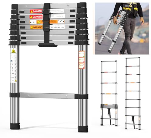 Telescopic Ladder 2.6m/8.5FT,Stainless Steel Lightweight Extension Ladder with Automatic Locking,Non-Slip Feet,Load 150kg/330lb,Multi-Purpose Collapsible Ladder for Household and Outdoor Working