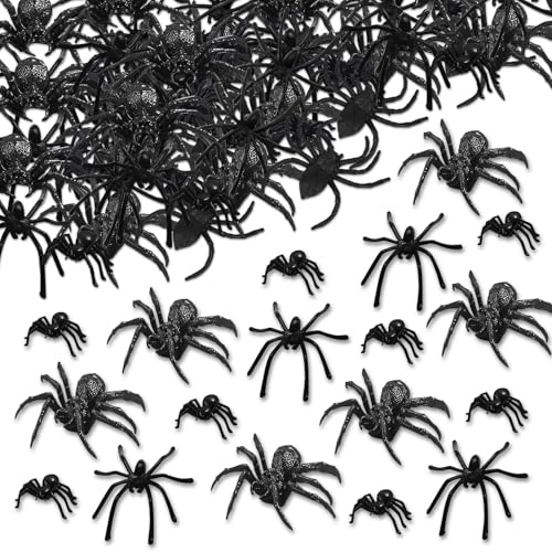 120 Stück Spinnen Halloween Deko Kunststoff, Halloween Dekorative Spinne, kleine Spinnen als Streichspielzeug, gruselige Plastikspinnen für Geisterhäuser, Halloween-Party-Dekorationen