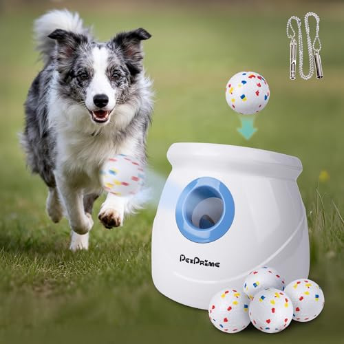 Pet Prime Upgraded Automatic Ball Launcher for Large Dogs,Rechargeable Dog Ball Thrower for Outdoor Exercise & Interactive Play,Adjustable 10-64ft Thrower with 6PCS 2.5 ETPU Balls,1 Dog Whistle