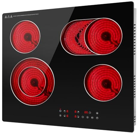 Alemania Placa Vitrocerámica 60 cm 4 Zonas 6700W con Zona Triple y Zona Ovalada, Placa Eléctrica Empotrable con Control Táctil, 9 Niveles de Potencia, Temporizador, Pausa, Mantener Caliente