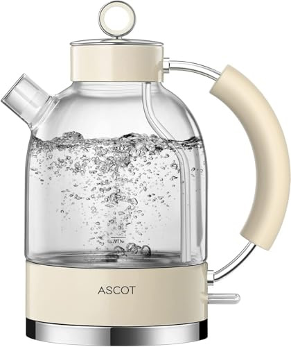 ASCOT Electric Kettle, Glass Electric Tea Kettle, Gift for Man/Women/Family, 1.5L Glass Tea Heater & Hot Water Boiler, BPA-Free, Auto Shut-Off Boil-Dry Protection (Cream) (K2)