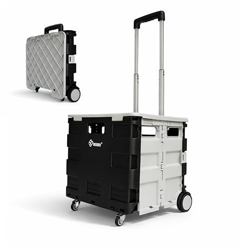 Berry 40kg Foldable Shopping Trolley - Grey & Black | Plastic Utility Cart with Lid | 4 Wheel Portable Trolley with Telescopic Handle for Shopping, Laundry, Teachers & Home Use