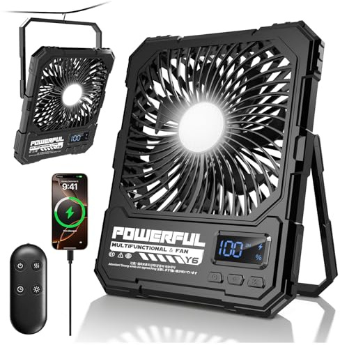 20000mAh Akku Camping Ventilator mit Lampe, 17-82 Std Laufzeit. Tragbarer Reise Ventilator mit Fernbedienung Timer, Haken Ultraflach 5 Stufen, USB Tischventilator für Zelt, Outdoor, Reisen, Wohnmobil