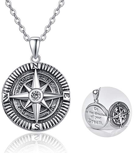KINGWHYTE herr kompass halsband S925 sterling silver kompass hänge smycken födelsedag examen gåvor för män och kvinnor, 20 mm, sterling silver