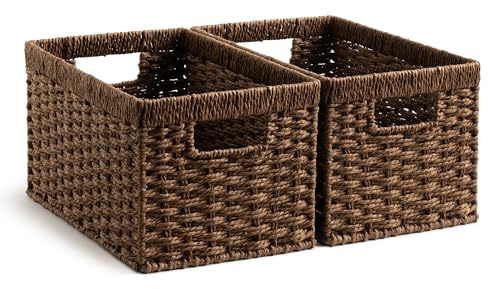 StorageWorks Round Paper Rope Storage Baskets, Rectangular Wicker Baskets with Built-in Handles, Medium, 2-Pack