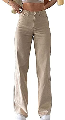Sawmew Jeans de Mujer Y2K E-Girl Jeans de Cintura Alta Adolescente Niñas Vintage Slim Fit Pantalones Acampanados Jeans Largos Acampanados Hip Jeans Pantalones Acampanados (Color : Beige, Size : S)