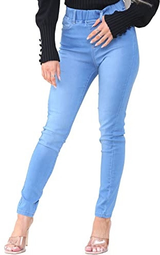 BRAND KRUZE Dam skinny jeggings hög midja elastisk midja stretch denim jeans leggings, Ljusblått, 38
