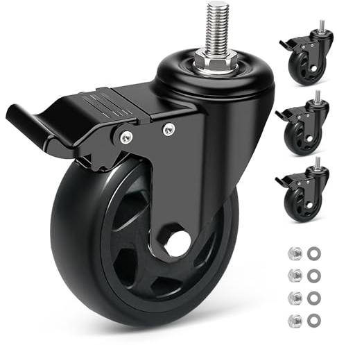 RRIUTO Roulette Charge Lourde 125MM avec Frein, Roulettes pour Meubles avec Tige Fileté M10x25mm Roulettes Pivotantes À 360 Degrés, pour Tous Les Sols, 4 PU Roulettes Jusqu'à 650KG