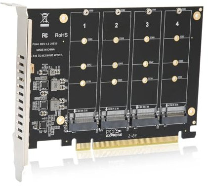 Sarini Tarjeta de expansión de Controlador de Host NVMe a PCI-e de 4 Puertos, Compatible con 2230 2242 2260 2280, Adaptador M.2 NVME a PCIe X16 (Negro)