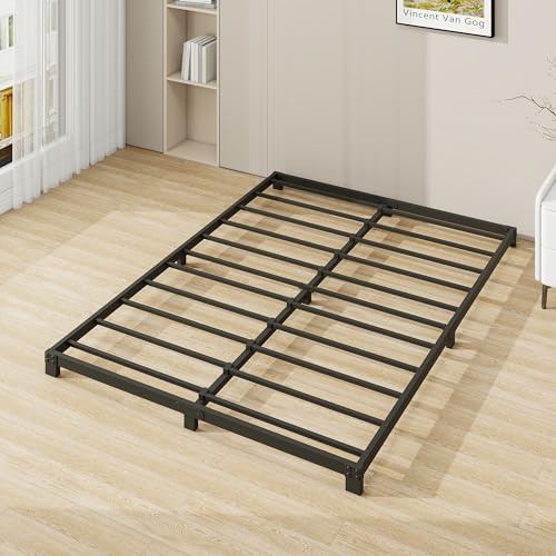 VERFARM 8cm Low 4ft6 Double Bed frame, Metal Bed 135x190 cm, Double Size Heavy Duty Metal Platform Bed Frame with Steel Slat Support, No Box Spring Needed,Easy Assembly, Noise Free, Black