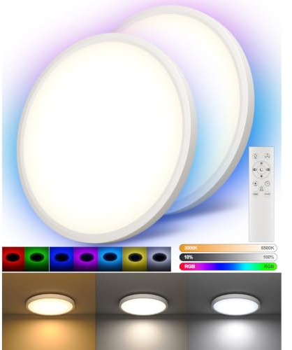 2 Deckenlampe LED Dimmbar, RGB Lampe Decke mit Fernbedienung Bunt Backlight | Flach Rund Lampe 30cm 24W 2640LM, CCT 3000-6000K Farbig IP44, Feuchtraum Schlafzimmer Jugendzimmer Badezimmer Kinderzimmer