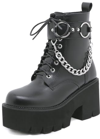 DSKHDZW Donne Moda Stivaletti con Piattaforma Borchiata, Punk Lace Up Stivali di Combattimento, Goth Stivaletti con Fibbia, Catene,Nero,43 EU