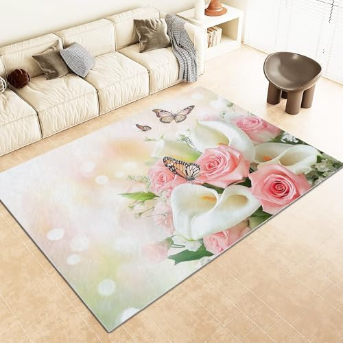 Rutschfester Teppich mit Schmetterlingsrose, Calla-Lilie, 160 x 230 cm, weicher, flauschiger Teppich für Wohnzimmer, Schlafzimmer und Esszimmer, eleganter rosa moderner Indoor-Teppich, stilvoller und