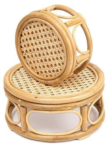 KUTORKILL Set of 2 Large Rattan Wicker Round Risers Decorative Indoor Plant Stand, Mid Century Minimalist Modern Plant Stands, Boho Short Plant Stand Holder Suitable Fits 8'' and 12'' Pots