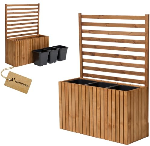 Pflanzkübel mit Rankgitter Spalier mit Pflanzkasten Blumenkasten aus Holz für Garten Balkon Terrasse Hochbeet mit 18L Kunststoff-Pflanzeneinsatz (vertikal-braun, 98x36x55 H130)