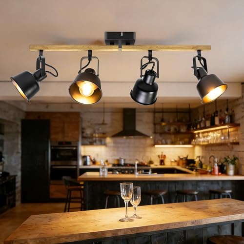 Aulaiyi Plafonnier Industriel Spots et Rails de Spots, 4 Spots LED Orientable avec Douille E14, Luminaires Intérieur avec Base Rectangulaire en Bois, pour Cuisine Chambre Salon, Noir (sans Ampoule)