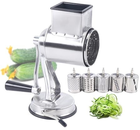 Rallador giratorio de queso y cortador de verduras 5 en 1, procesador de alimentos multifunción de acero inoxidable con 5 cuchillas para queso, frutas, verduras