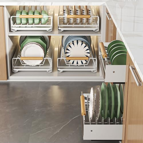 Plate Organiser Drawer, Carbon Steel Dish Drainer with Drip Tray & Wooden Handle, Plate Holder Drawer Organiser, Telescopic Drawer for Kitchen & Living Room, No Drilling, White