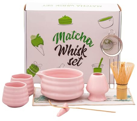 Matcha Set 9 Pieces, Pink Matcha Kit with Bamboo Matcha Whisk, Ceramic Bowl,Cup,Holder,Sieve & Scoop,Green Tea Set Complete Matcha Tea Making Kit, Gift for Macha Lovers,Mum,Her, Women