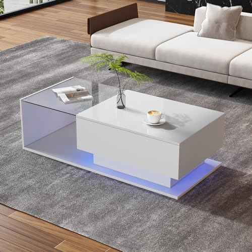 OKMYHOME Table Basse LED avec Tiroirs, Blanche, 100 × 50 cm