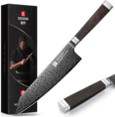 XINZUO 21cm Kiritsuke Cuchillo de Cocinero 67 Capas de Acero Damasco -Recubrimiento de Titanio Negro -Profesional Afilado Cuchillo de Chef de Cocina Acero 12Cr18MoV -Mango de Madera de Ébano