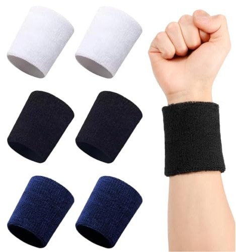FHRYNA 3 pares de muñequeras elásticas deportivas, cintas para el sudor para gimnasio, baloncesto, tenis, para hombres y mujeres (negro, blanco, azul oscuro, 8x8 cm)