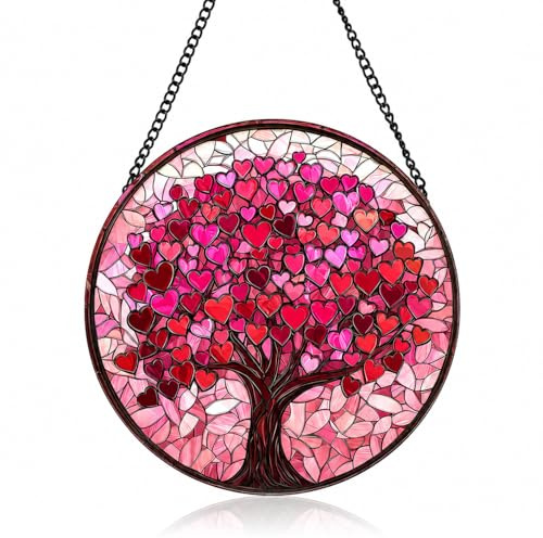 Buntglas Sonnenfänger Fenster, Rosa Lebensbaum Fensterschmuck Hängend, Glas Fensterdeko Hängend, Suncatcher für Wohnzimmer, Balkon Deko, Gartendeko für Draußen Wetterfest, 20x20cm