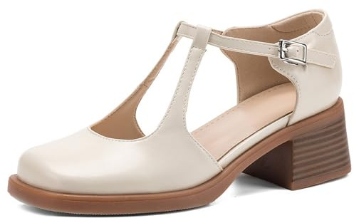 Vintage Mary Jane-sandaler dam fyrkantig tå T-rem tjock klack pumps retrostil klädda skor för festevenemang och daglig klädsel