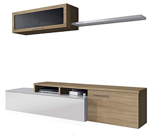 Habitdesign Mueble de Salon, Comedor, Mueble Moderno, Acabado en Color Blanco Brillo y Roble Canadian, Medidas: 200 cm (Ancho) x 43 cm (Alto) x 34 cm (Fondo)